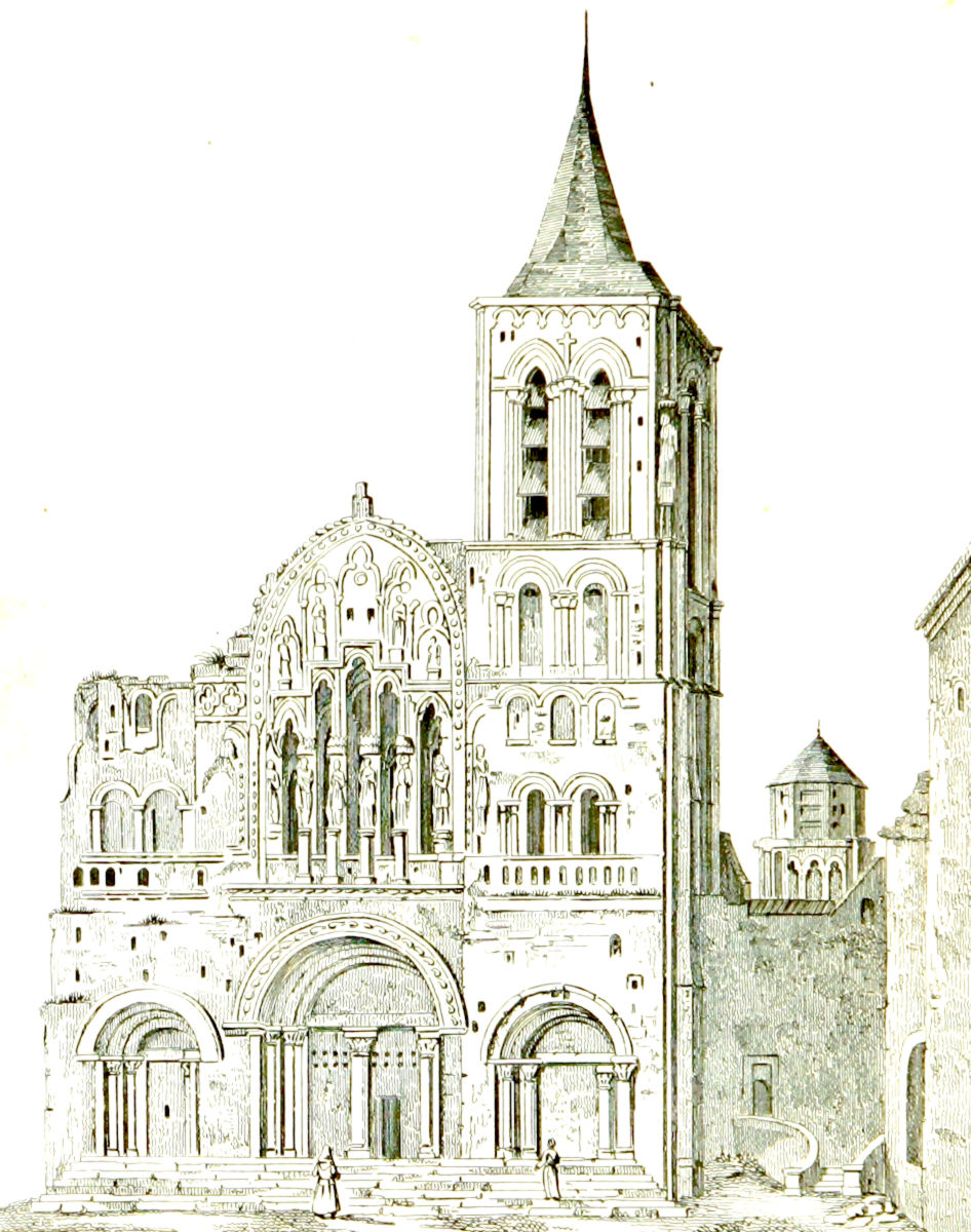 Der Stich des 19. Jahrhunderts zeigt die Westfassade in der gleichen Perspektive wie das Photo.